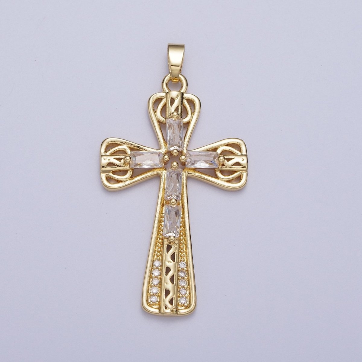 Gold Multicolor/Clear Cross Micro Paved Round Baguette CZ Religious Pendant For Jewelry Making | X-544 X-545 - DLUXCA