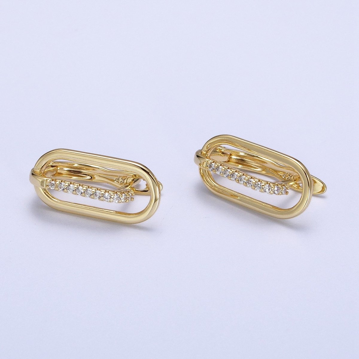 Gold Oblong Clear Micro Paved CZ Lined English Lock Earrings | AB235 - DLUXCA