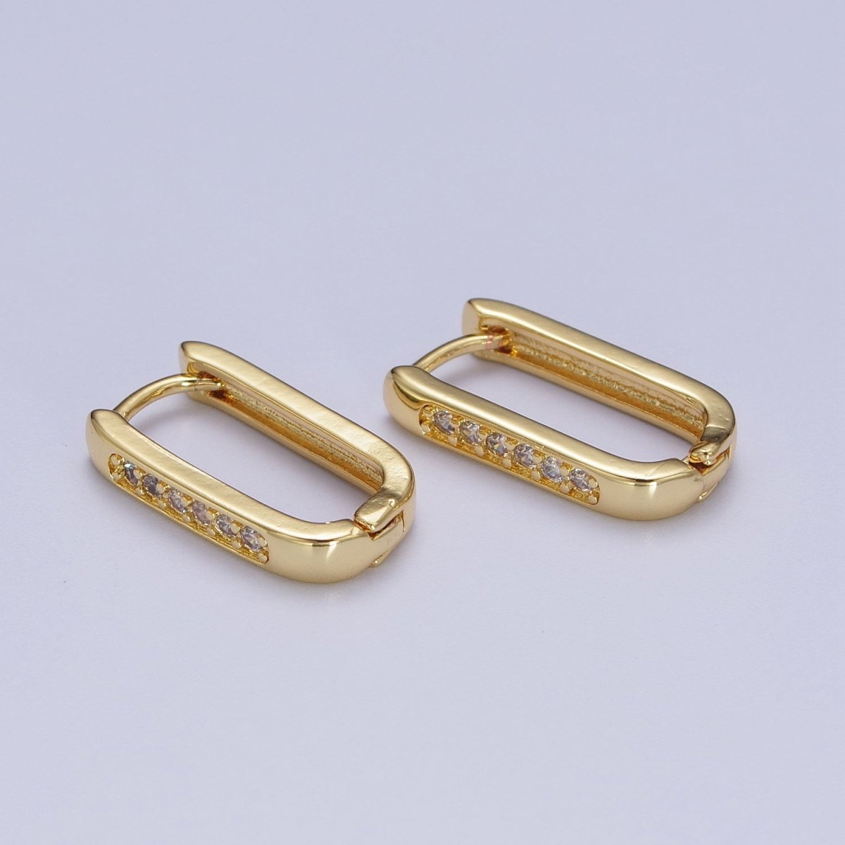 Gold Oblong U Shaped Micro Paved CZ Huggie Hoop Earrings | Y-154 - DLUXCA
