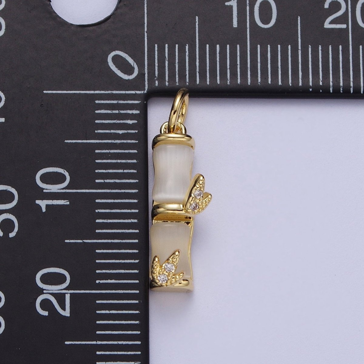 Gold Off White Cat's Eye Bamboo Nature CZ Leaf Charm For Jewelry Making | C-444 - DLUXCA