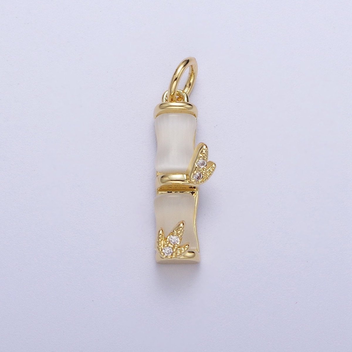 Gold Off White Cat's Eye Bamboo Nature CZ Leaf Charm For Jewelry Making | C-444 - DLUXCA