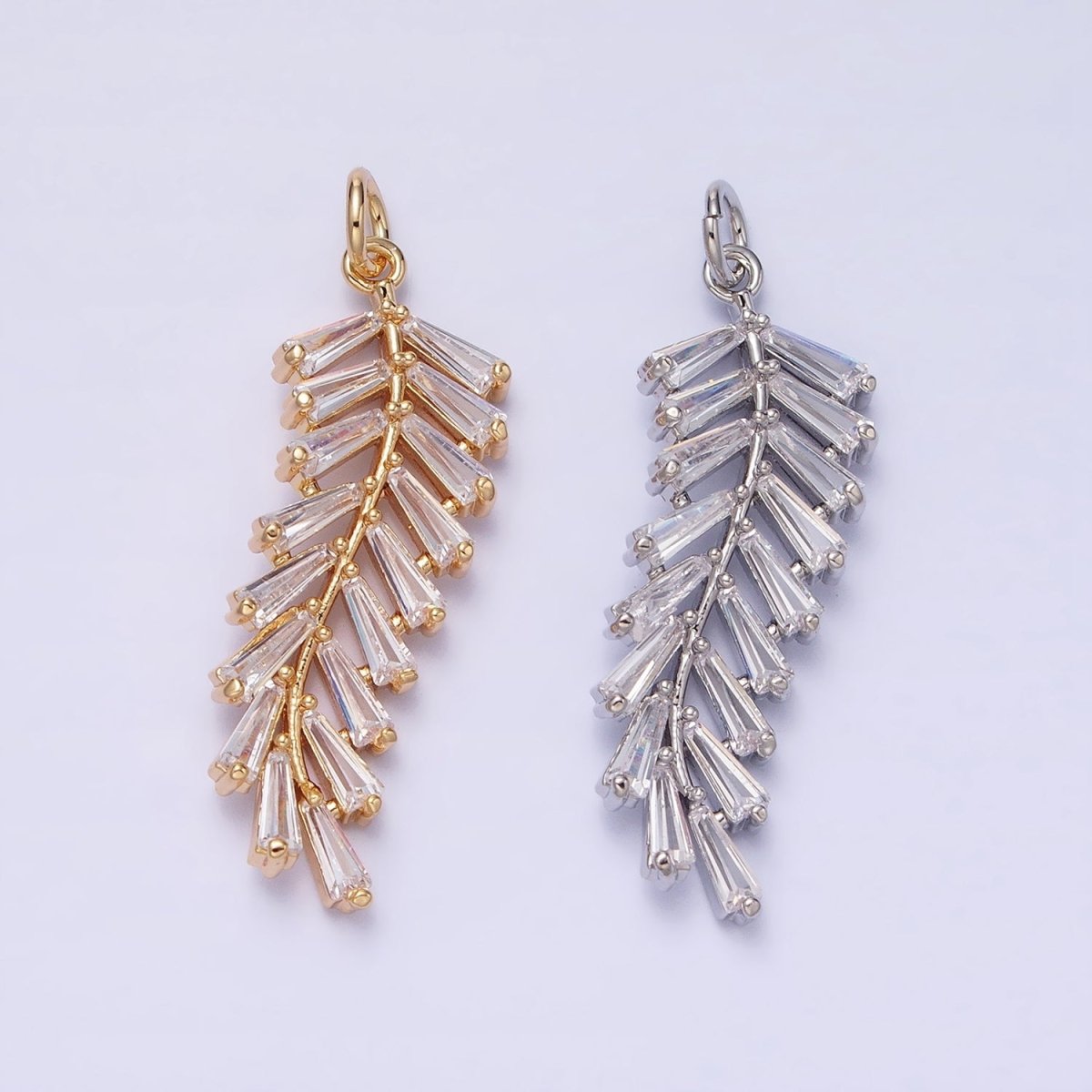 Gold Olive Branch Charm, Clear Baguette Cz Leaf Charm Pendant Jewelry Supplies AC467 AC468 - DLUXCA
