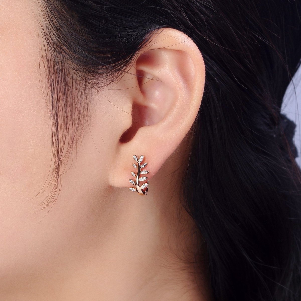 Gold Olive Leaf Earring, 18K Gold Filled Hoop Earring Olive Branch Huggie Earring AB1076 - DLUXCA
