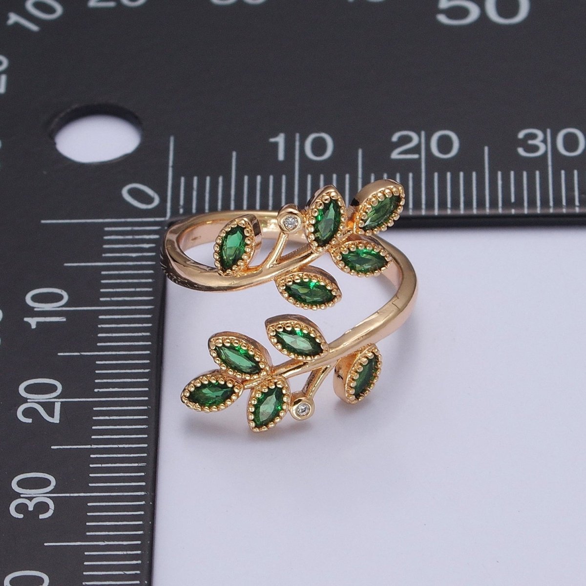 Gold Olive Leaf Ring Green Pave Olive Leaf Ring Adjustable Ring O-2210 - DLUXCA