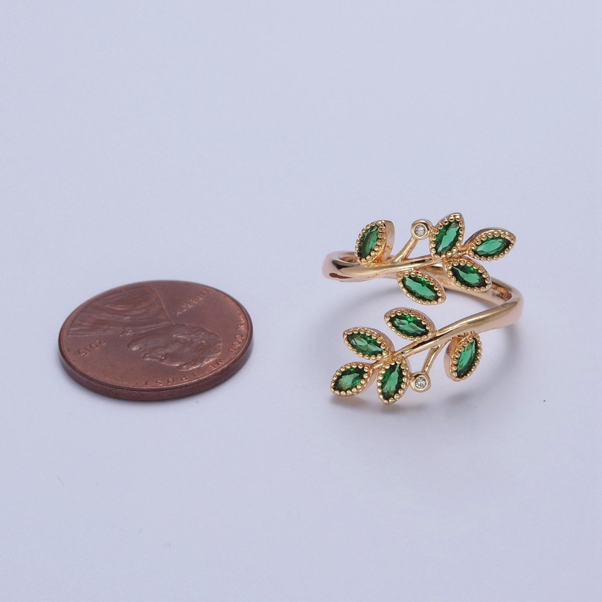 Gold Olive Leaf Ring Green Pave Olive Leaf Ring Adjustable Ring O-2210 - DLUXCA