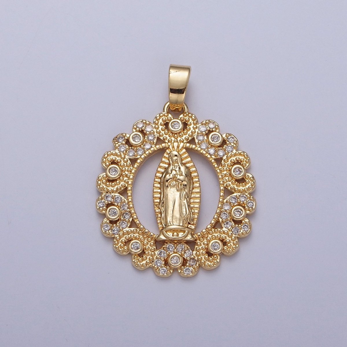 Gold Our Lady of Guadalupe Clear, Rainbow Cubic Zirconia Detailed Medallion Pendant | X-320 X-321 - DLUXCA