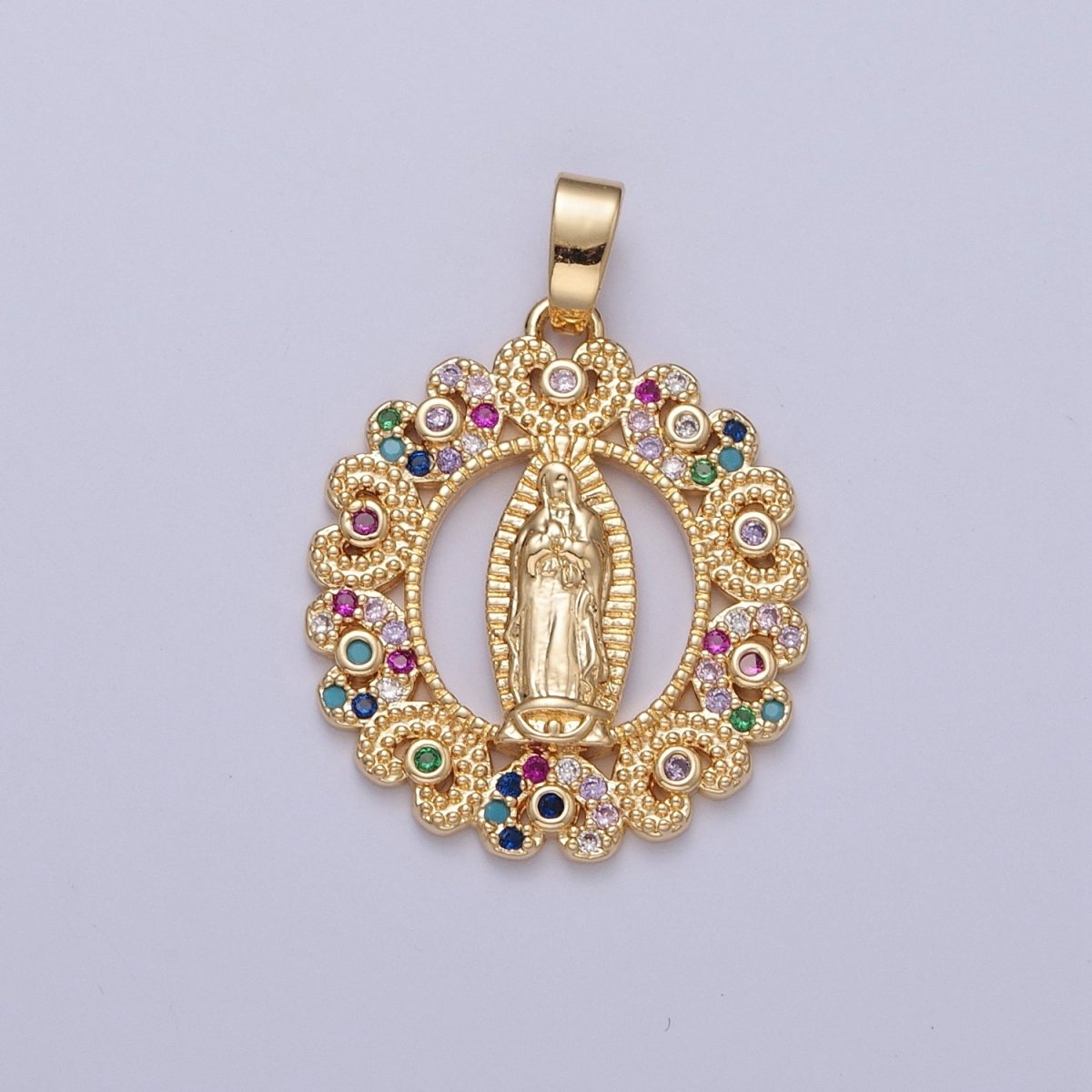 Gold Our Lady of Guadalupe Clear, Rainbow Cubic Zirconia Detailed Medallion Pendant | X-320 X-321 - DLUXCA