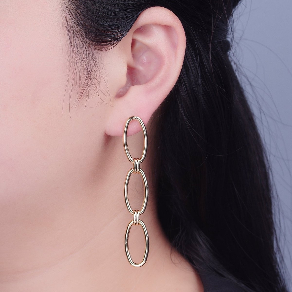 Gold Oval Chain Link Earring Drop Stud Earring T-513 - DLUXCA