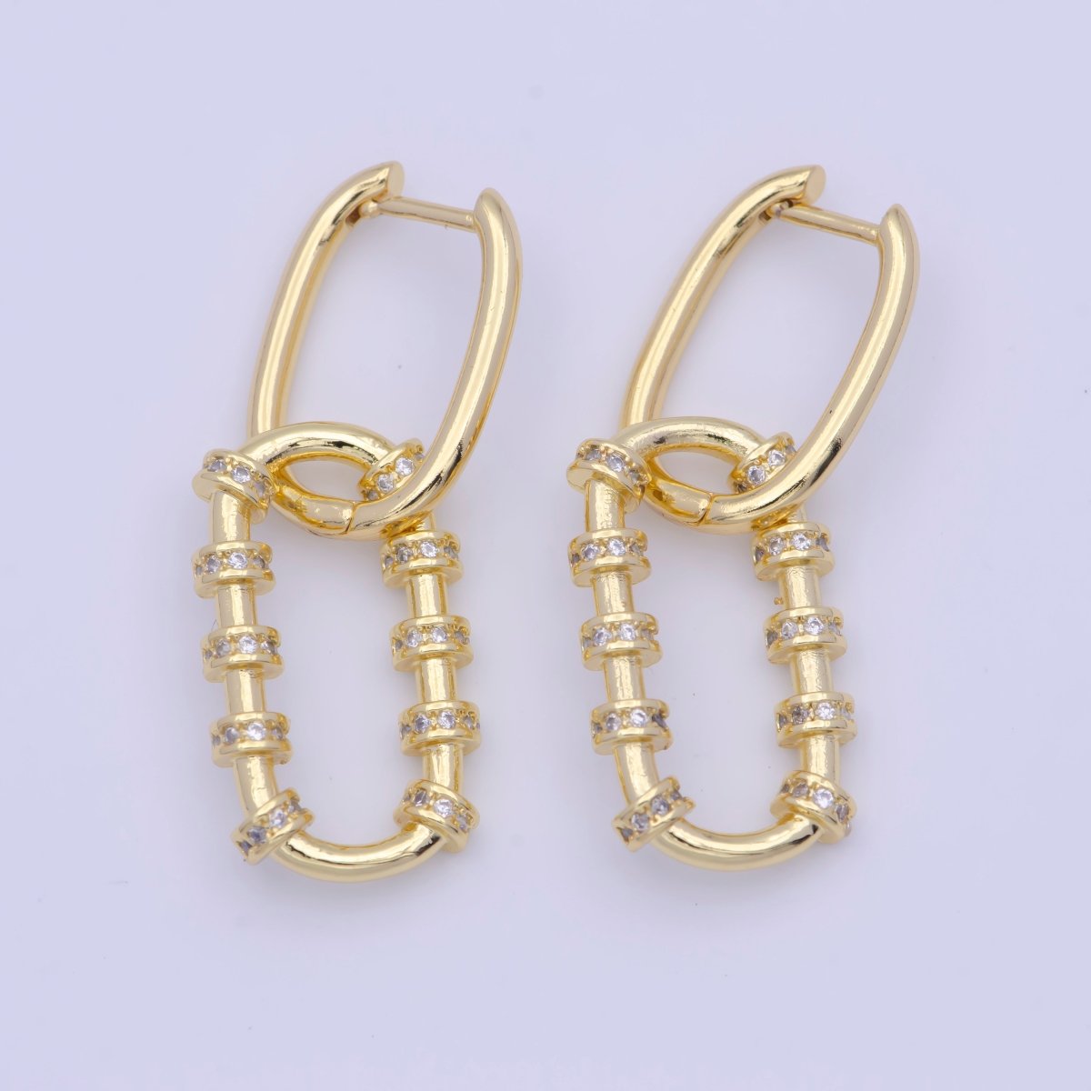 Gold Oval Earrings Dainty Hoop Huggie Earring, Oval Huggie Dangle Link Earring X-921 - DLUXCA