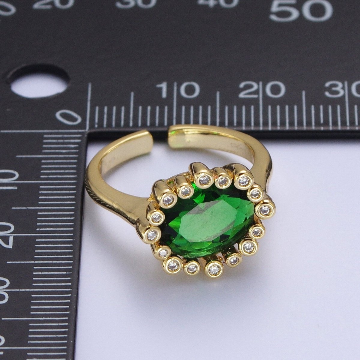 Gold Oval Emerald Green & Round Clear Cubic Zirconia Adjustable Ring R-004 - DLUXCA