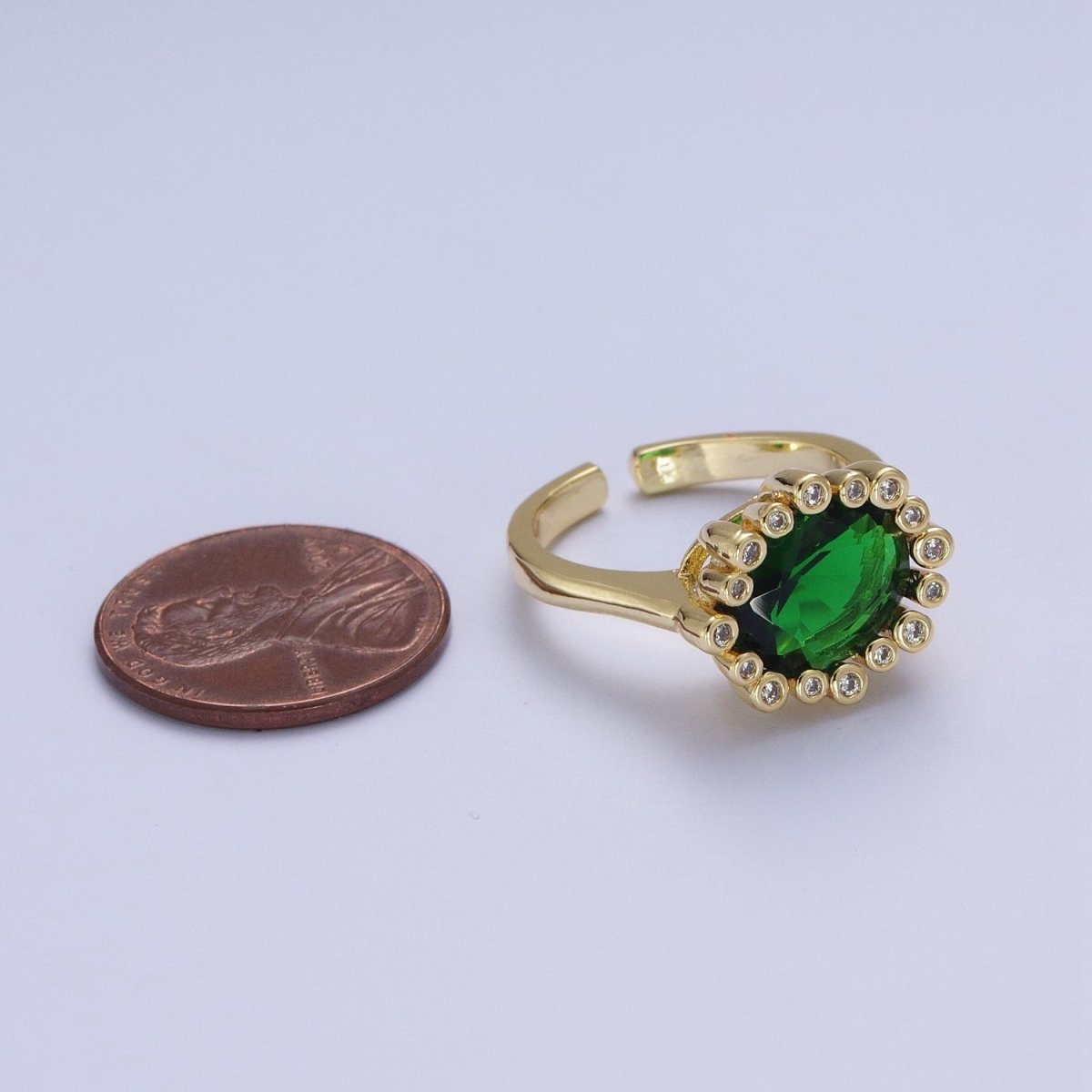 Gold Oval Emerald Green & Round Clear Cubic Zirconia Adjustable Ring R-004 - DLUXCA