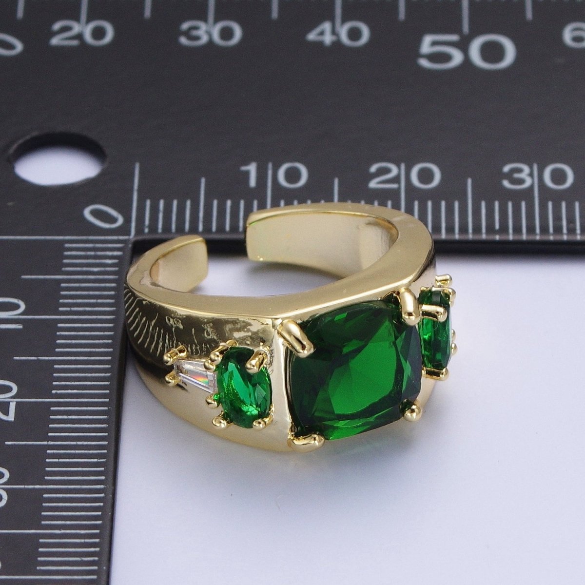 Gold Oval Emerald Green & White Baguette Cubic Zirconia Wide Band Statement Ring R-002 - DLUXCA