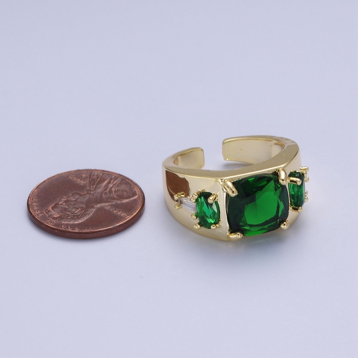 Gold Oval Emerald Green & White Baguette Cubic Zirconia Wide Band Statement Ring R-002 - DLUXCA