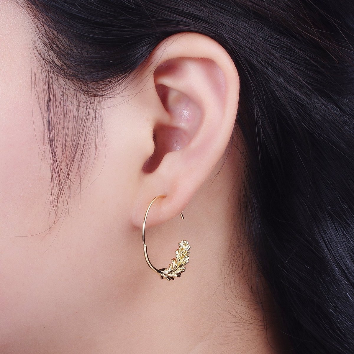 Gold Paddy Wheat Minimalist Open Hoop Stud Earrings | P-285 - DLUXCA