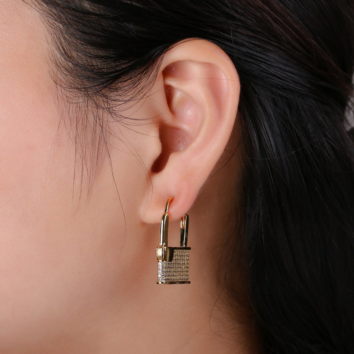 Gold Padlock Hoop Earrings CZ Padlock Earrings Lock Pendant Earring Lock Gold Earring Huggie Earring Lock Hoop Earring Lovers Lock Hoop K-870 K-871 - DLUXCA