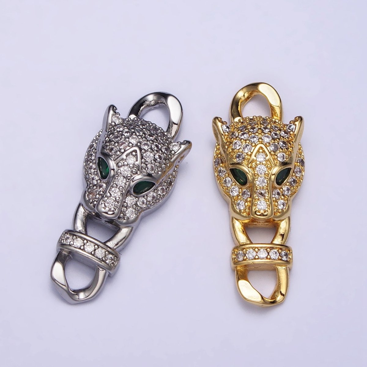 Gold Panther Head CZ Micro Pave Clasp, Silver Leopard