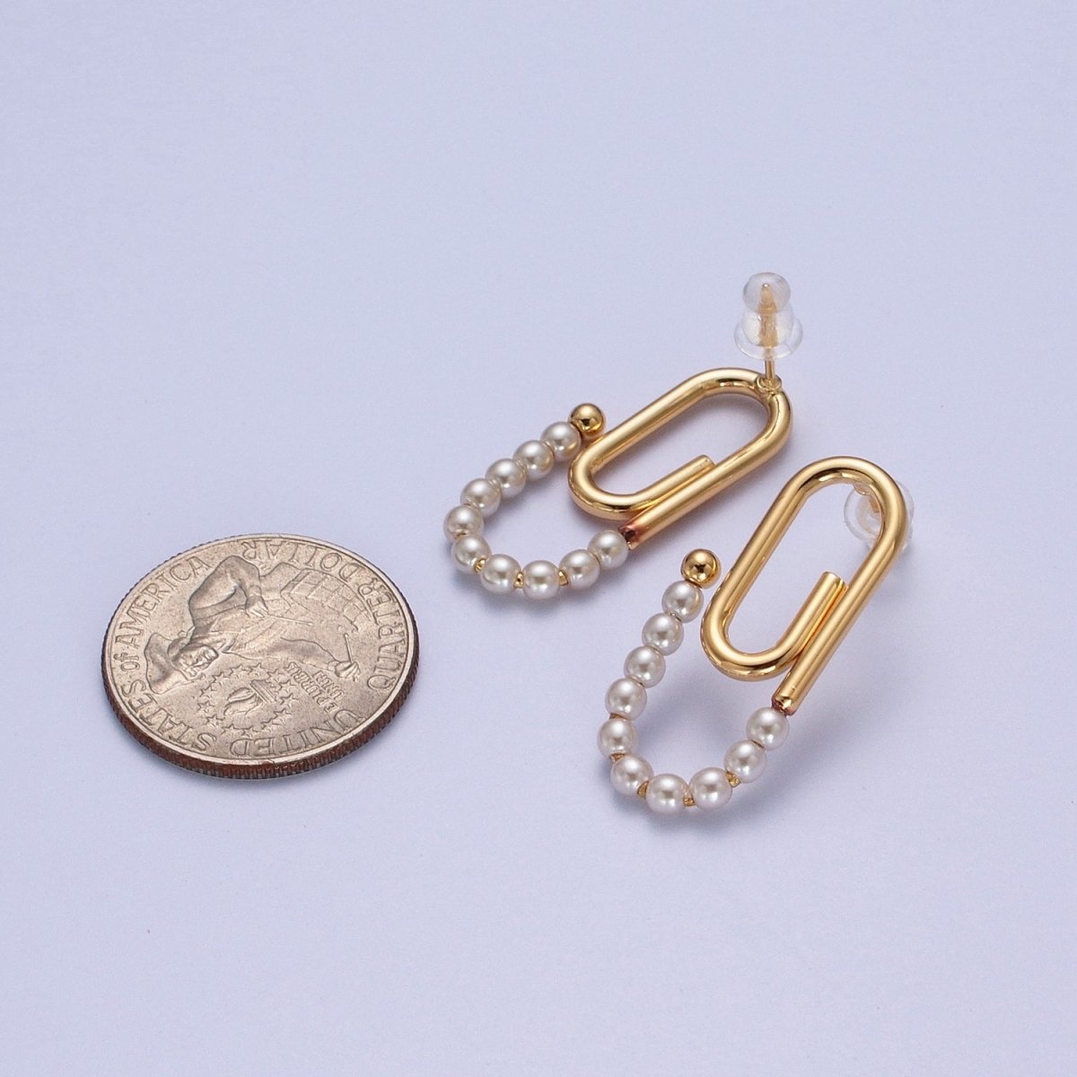 Gold Paper Clip Earring With Pearl Stud For Statement Jewelry AE-1025 - DLUXCA