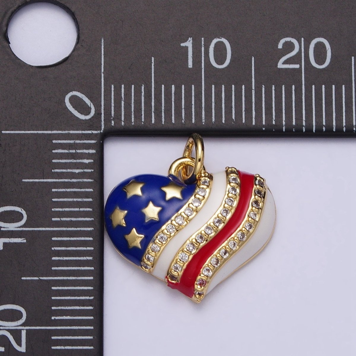 Gold Patriotic American Independence Flag Enamel Micro Paved Heart Charm | AC977 - DLUXCA