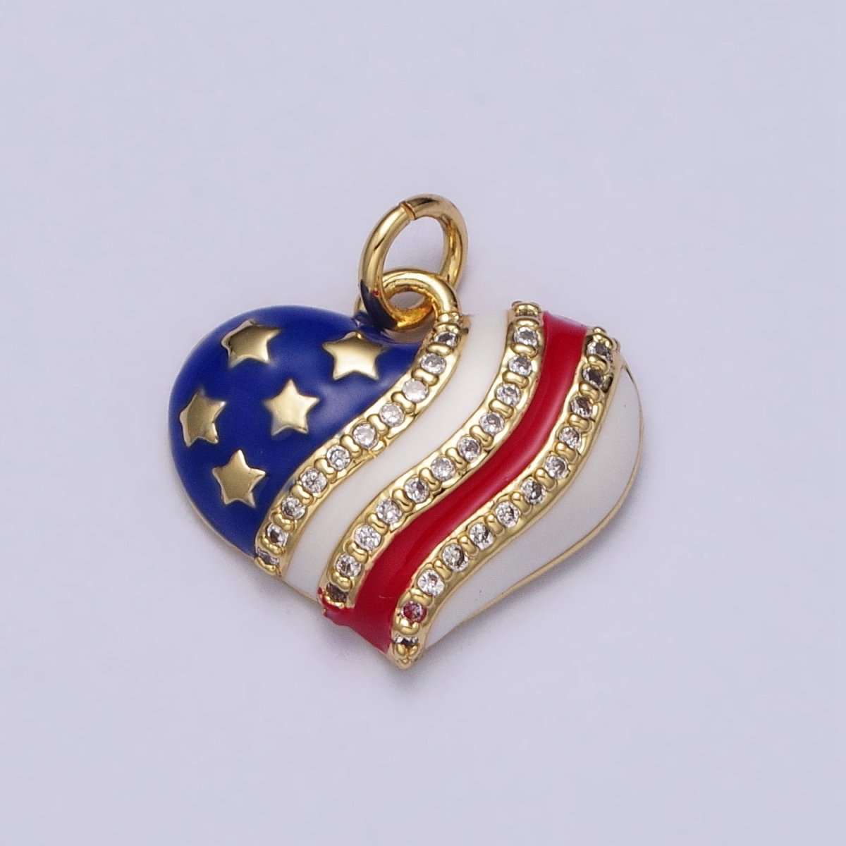 Gold Patriotic American Independence Flag Enamel Micro Paved Heart Charm | AC977 - DLUXCA