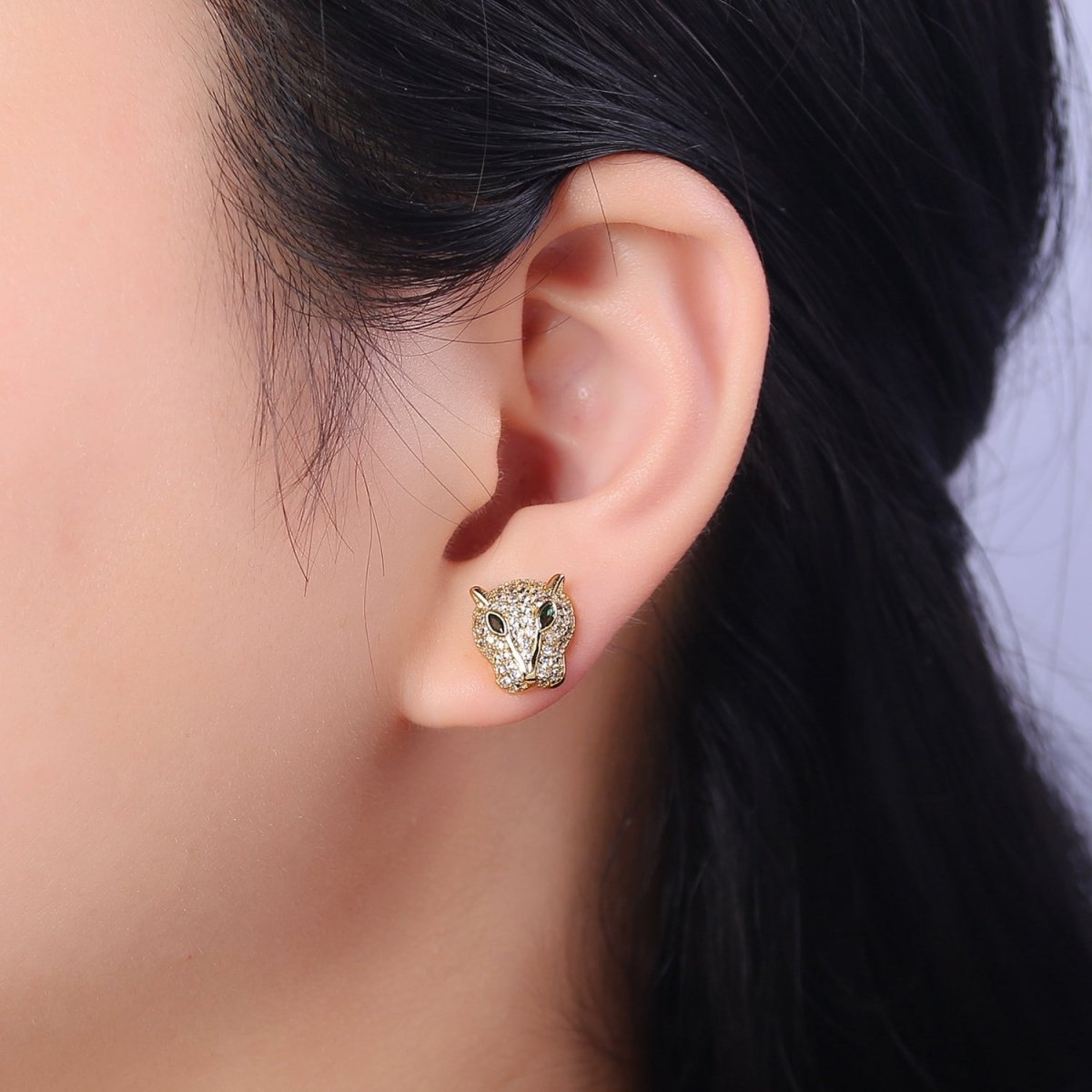 Gold Pave Crystal Leopard Head Ear Stud Earring T-415 T-416 - DLUXCA