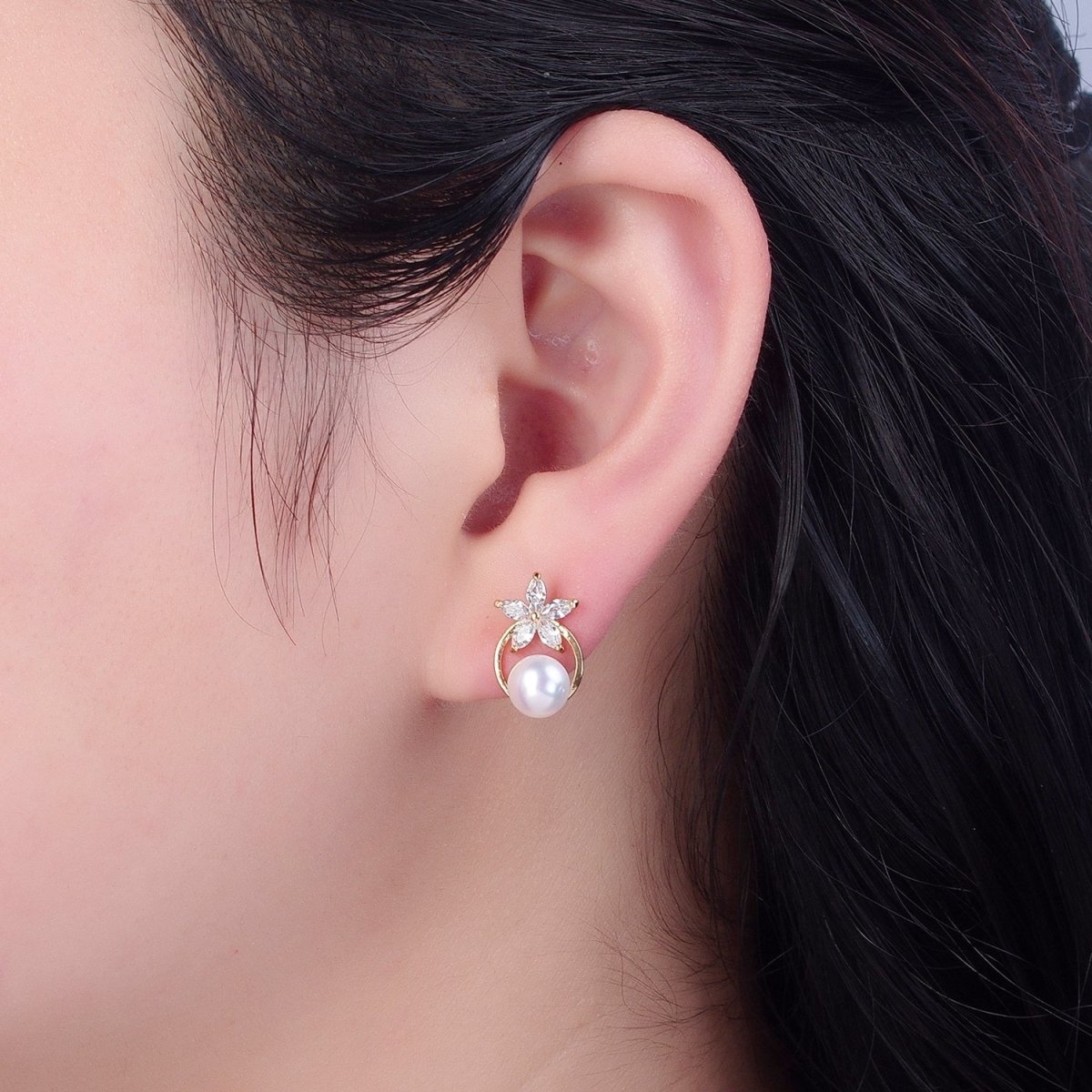 Gold Pave CZ Flower Stud Earring with Pearl for Wedding Jewelry V-371 - DLUXCA