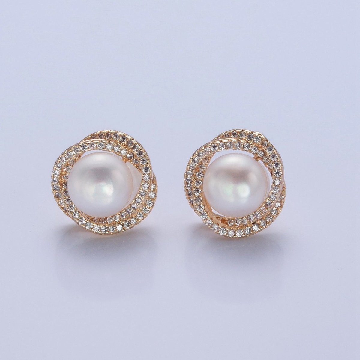 Gold Pave CZ Flower Stud Earring with Pearl for Wedding Jewelry V-372 - DLUXCA