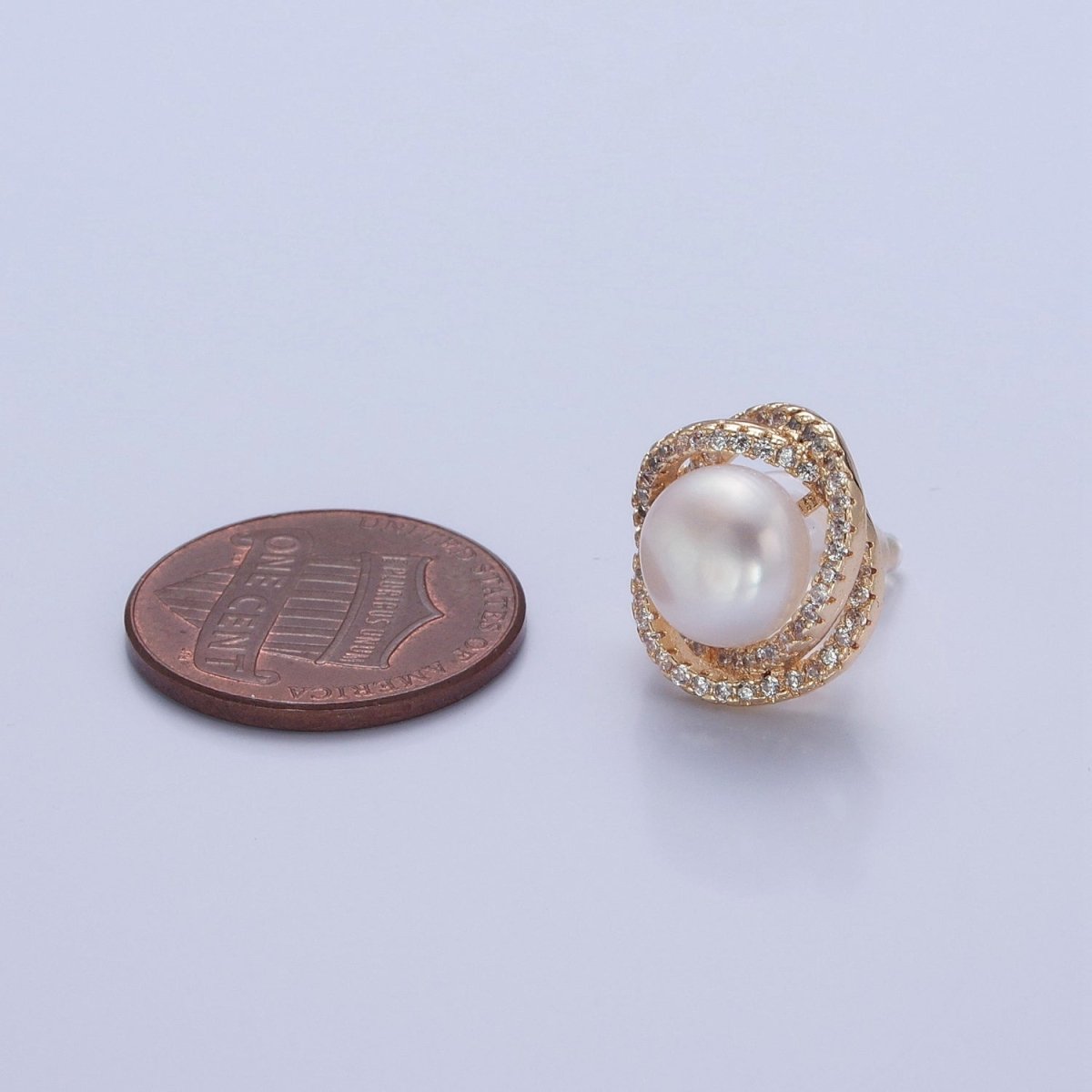 Gold Pave CZ Flower Stud Earring with Pearl for Wedding Jewelry V-372 - DLUXCA