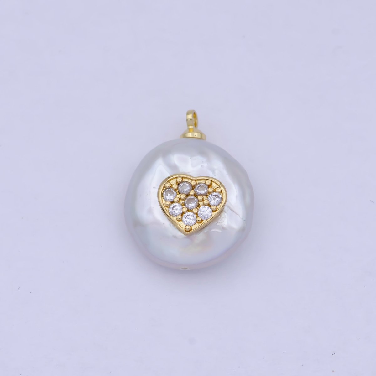 Gold Pave Heart Charm Freeform Freshwater Pearl Charm P-1555 - DLUXCA