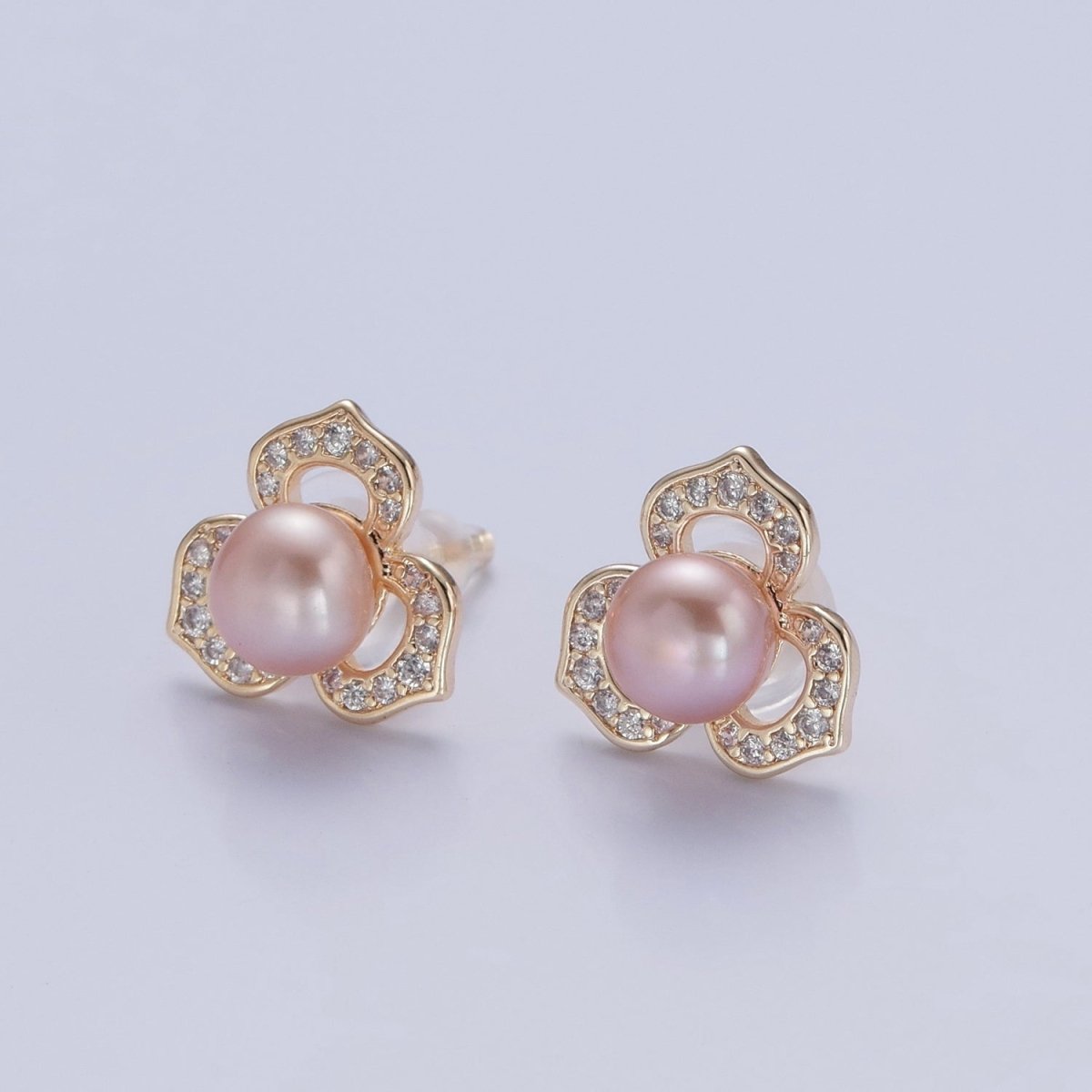 Gold Pave Pearl Lotus Stud Earring V-378 V-386 - DLUXCA