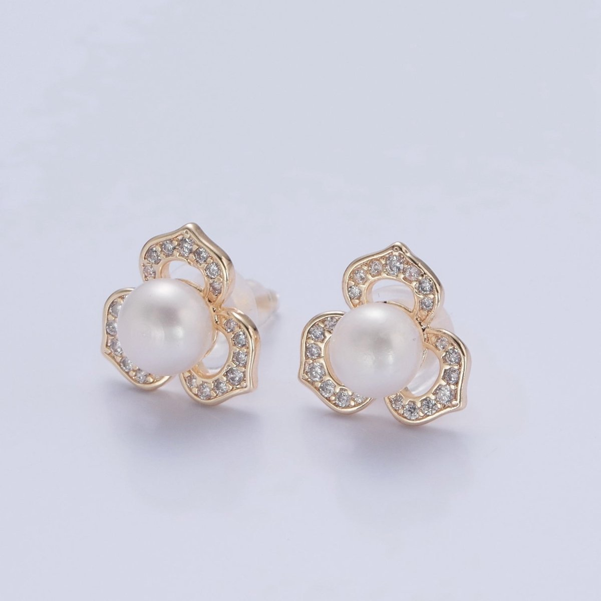 Gold Pave Pearl Lotus Stud Earring V-378 V-386 - DLUXCA