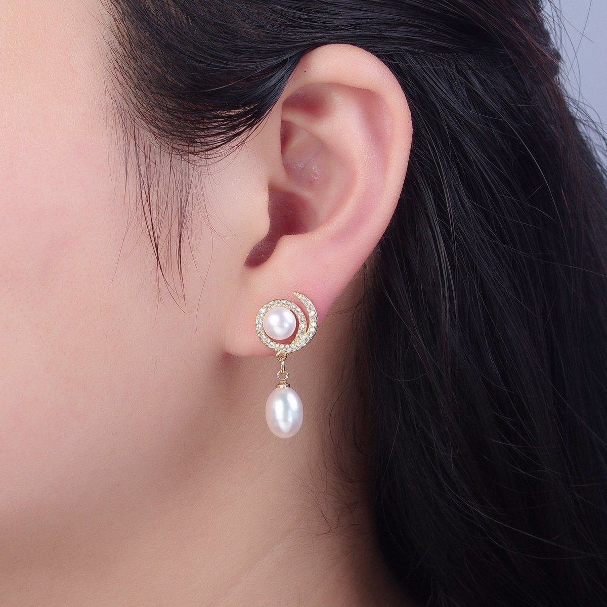 Gold Pave Round Stud Earring with Dangle Pearl for Wedding Jewelry V-373 - DLUXCA