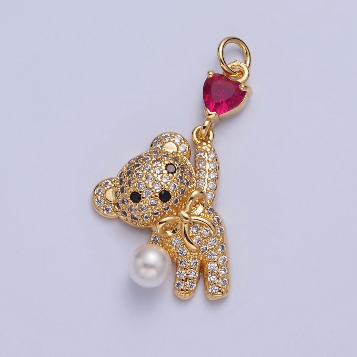 Gold Pave Teddy Bear Charm Dangle Red Heart Bead Pendant W-289 - DLUXCA