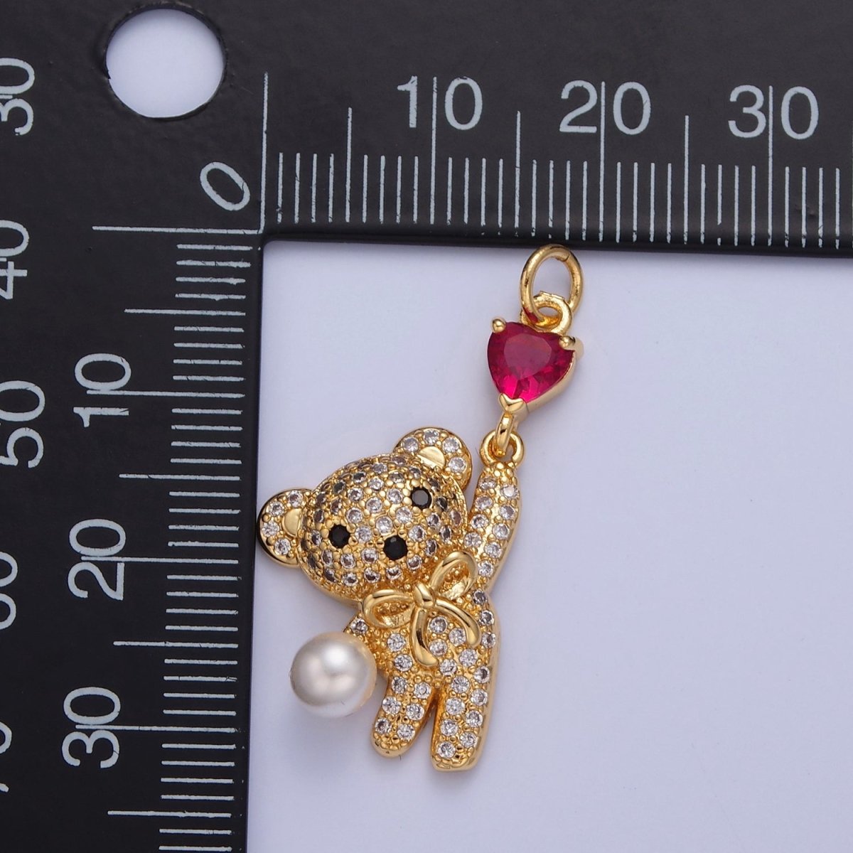 Gold Pave Teddy Bear Charm Dangle Red Heart Bead Pendant W-289 - DLUXCA