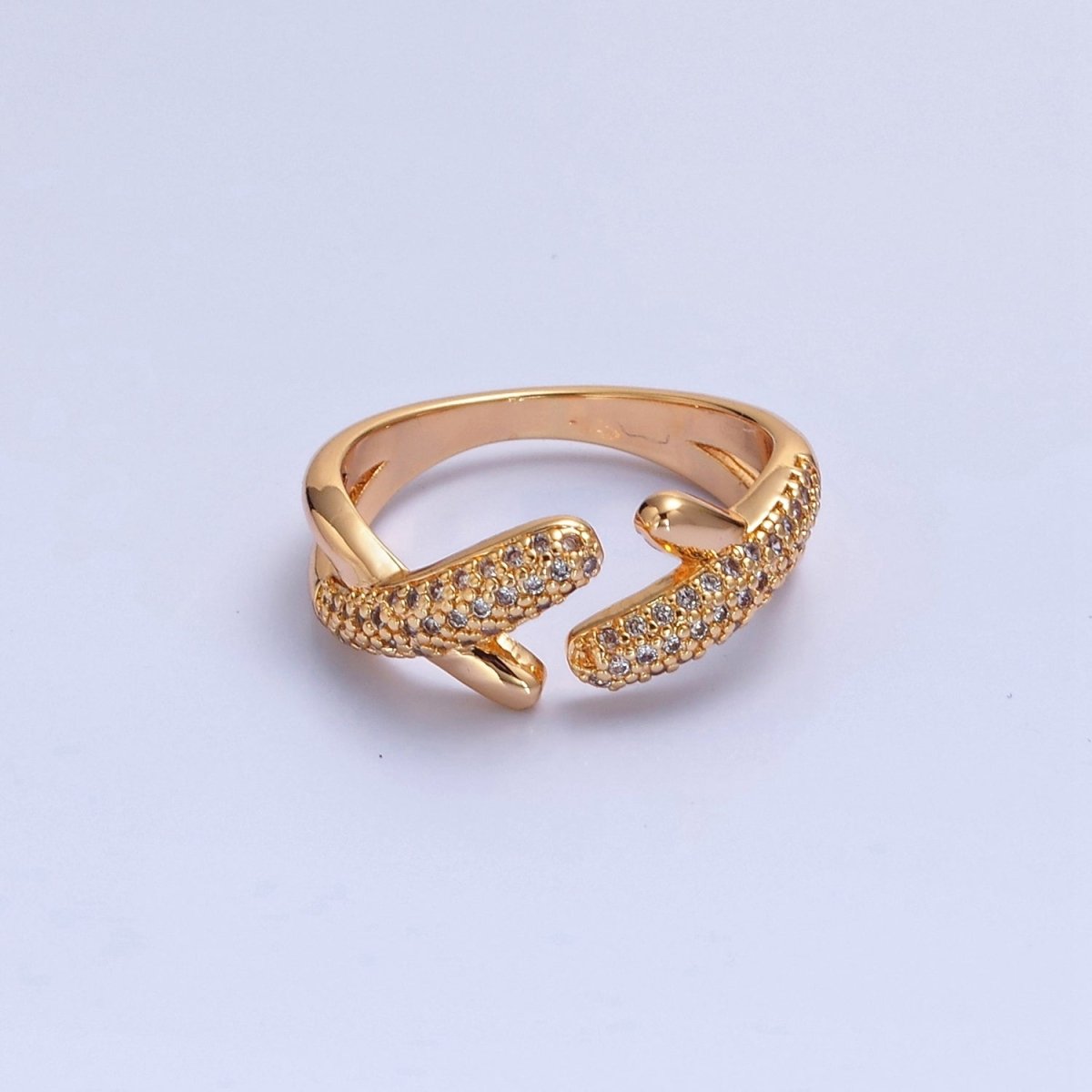 Gold Pave X ring Friendship Ring Open Adjustable O-2240 - DLUXCA