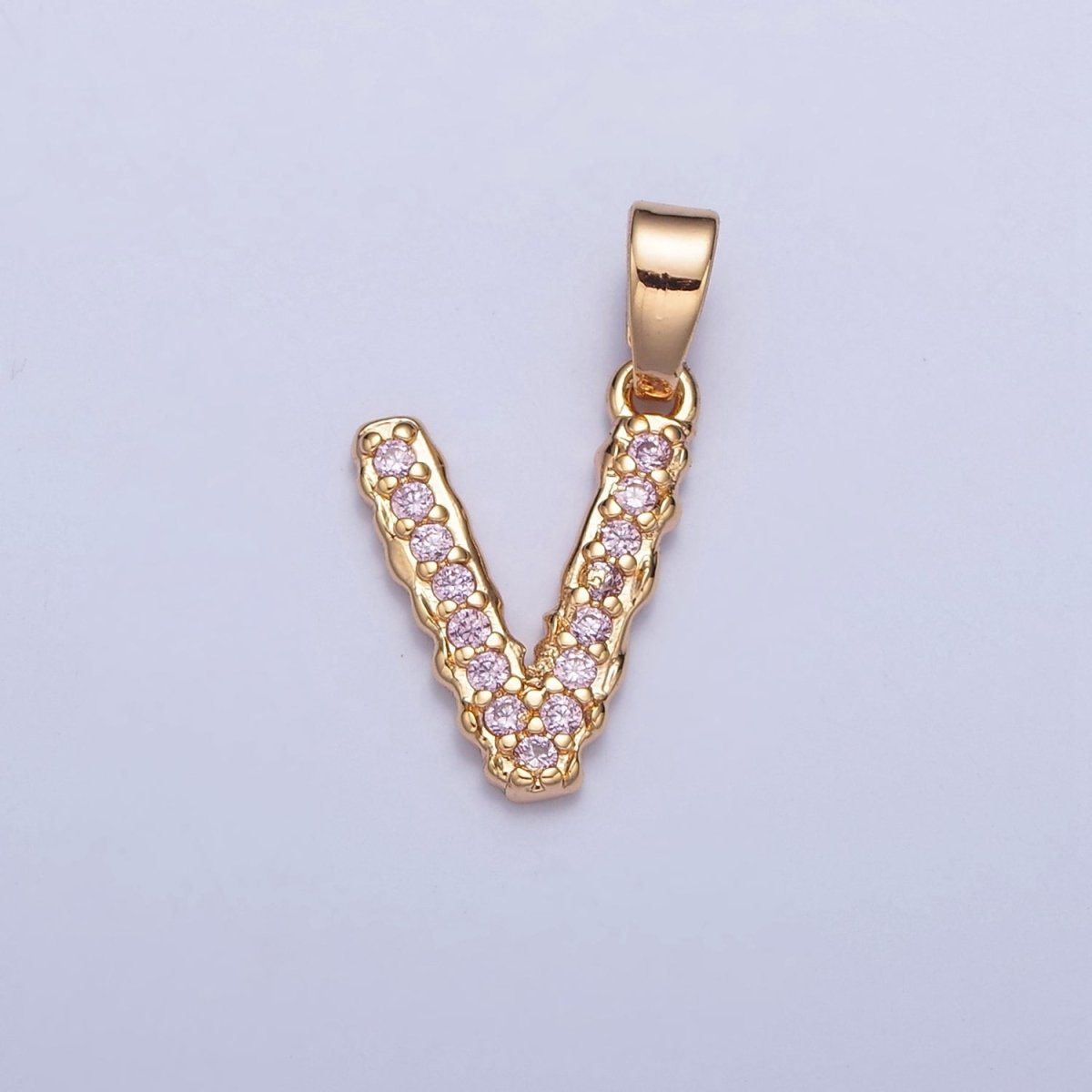 Gold Pink Pave Initial Charms, Gold Letter Charms , CZ Initial Charm, Cubic Zirconia Letters W-421~W-447 - DLUXCA