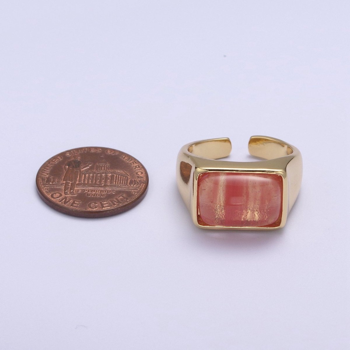 Gold Pink Rings | Gemstone Signet Ring | Gold Gem Stone Rings | Chunky Gold Statement Ring U-258 - DLUXCA