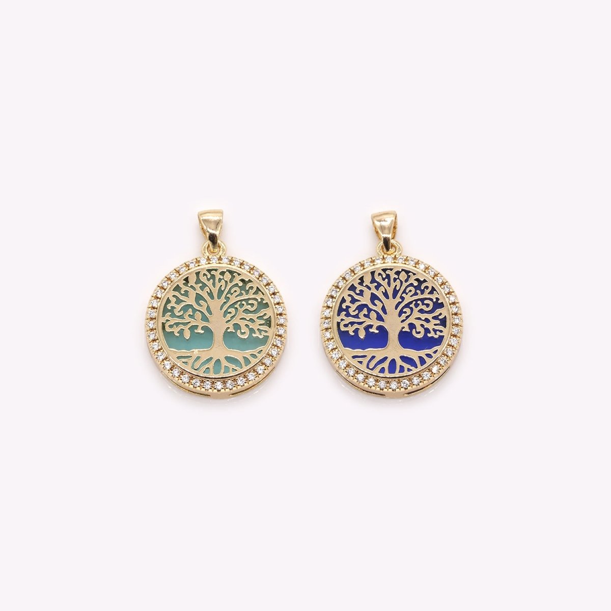 Gold Plated Banyan Tree Rustic Coin CZ Big Tree Nature Hope Symbol Medallion Ancient Micro Pave Charm Pendant GP-381 GP-382 - DLUXCA