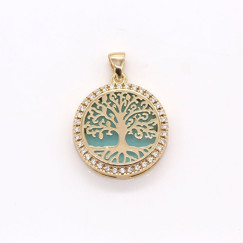 Gold Plated Banyan Tree Rustic Coin CZ Big Tree Nature Hope Symbol Medallion Ancient Micro Pave Charm Pendant GP-381 GP-382 - DLUXCA