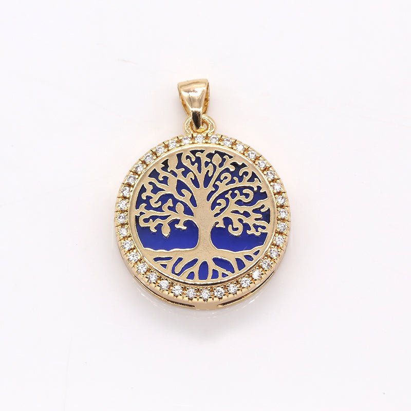 Gold Plated Banyan Tree Rustic Coin CZ Big Tree Nature Hope Symbol Medallion Ancient Micro Pave Charm Pendant GP-381 GP-382 - DLUXCA