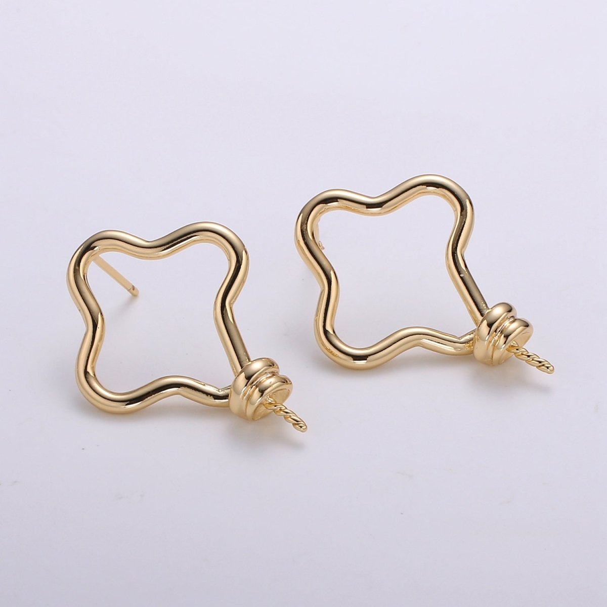 Gold Plated Clover Leaves Studs Earring Supply Plain Gold Floral Clover Earring Jewelry Supply Component GP-669 - DLUXCA