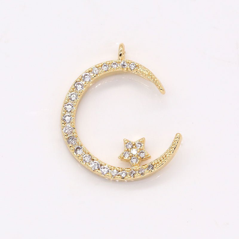 Gold Plated Crescent with Tiny Star Charm CZ Sky Nature Geometric Crescent Shape Micro Pave Charm Pendant GP-196 - DLUXCA