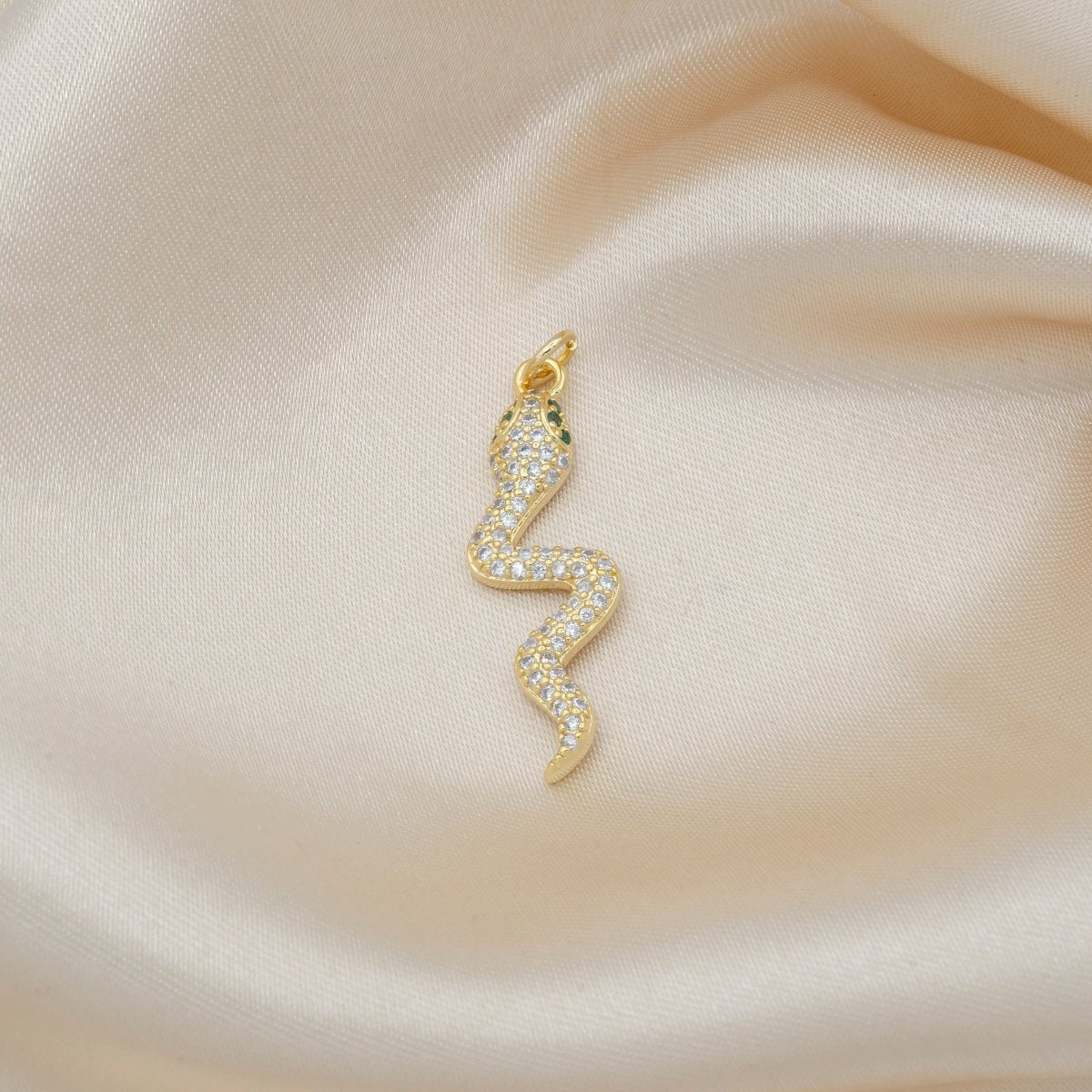 Gold Plated Crystal Baby Snake Charm CZ Tiny Little Reptile Animal Nature Micro Pave Charm Pendant GP-504 - DLUXCA