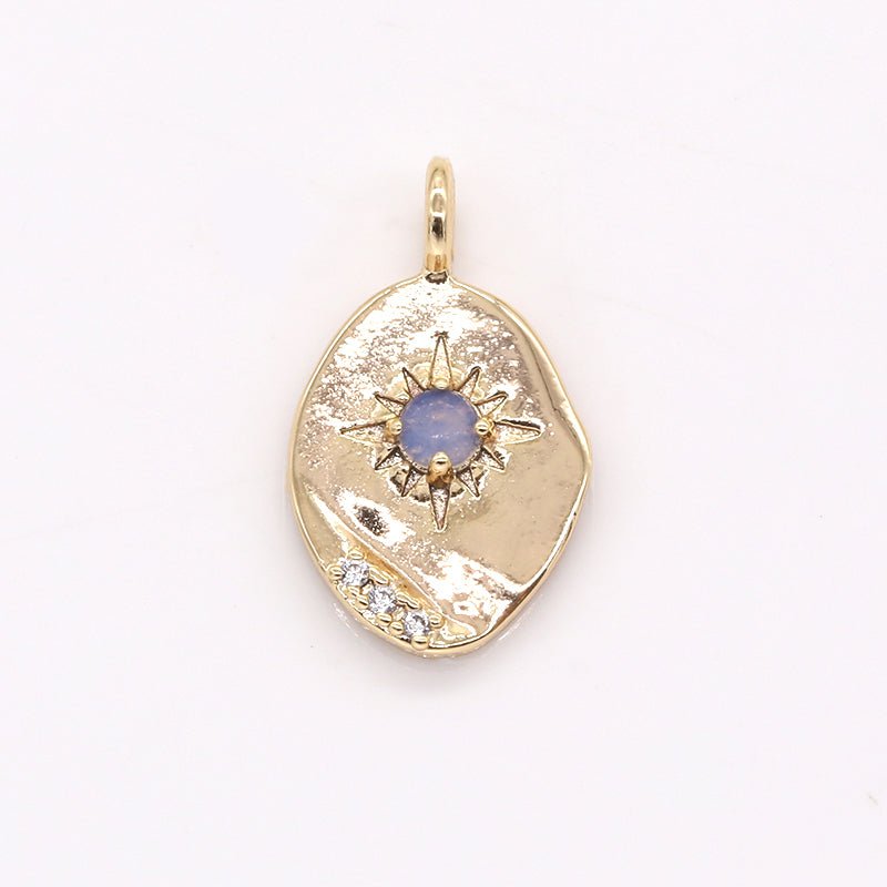 Gold Plated Crystal Sun Rays Oval Rustic Coin Charm CZ Morning Sunburst Nature Geometric Shape Medallion Charm Pendant GP-377 GP-379 GP-451 - DLUXCA