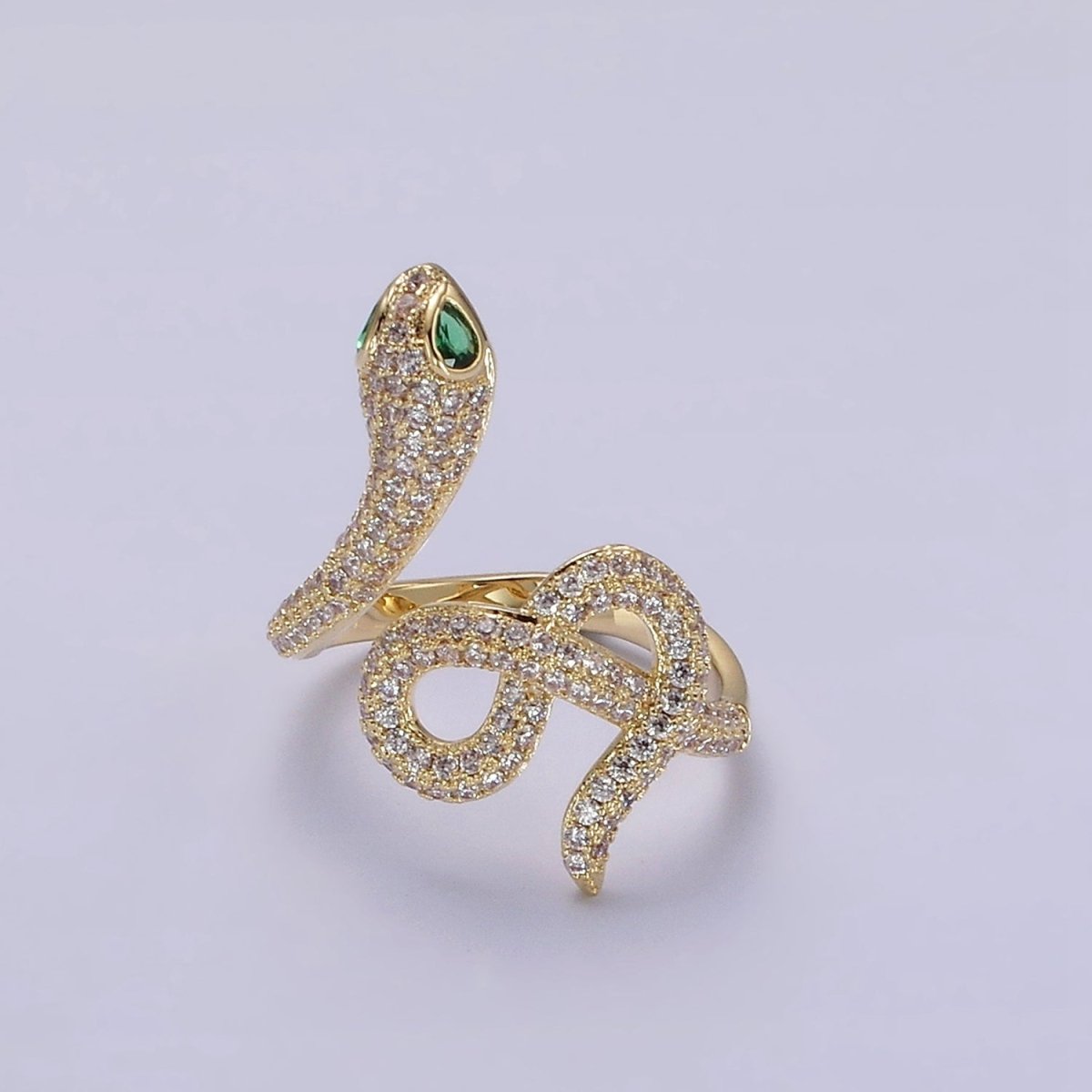 Gold Plated Green Eyed CZ Micro Paved Snake Serpent Ring | O1189 - DLUXCA