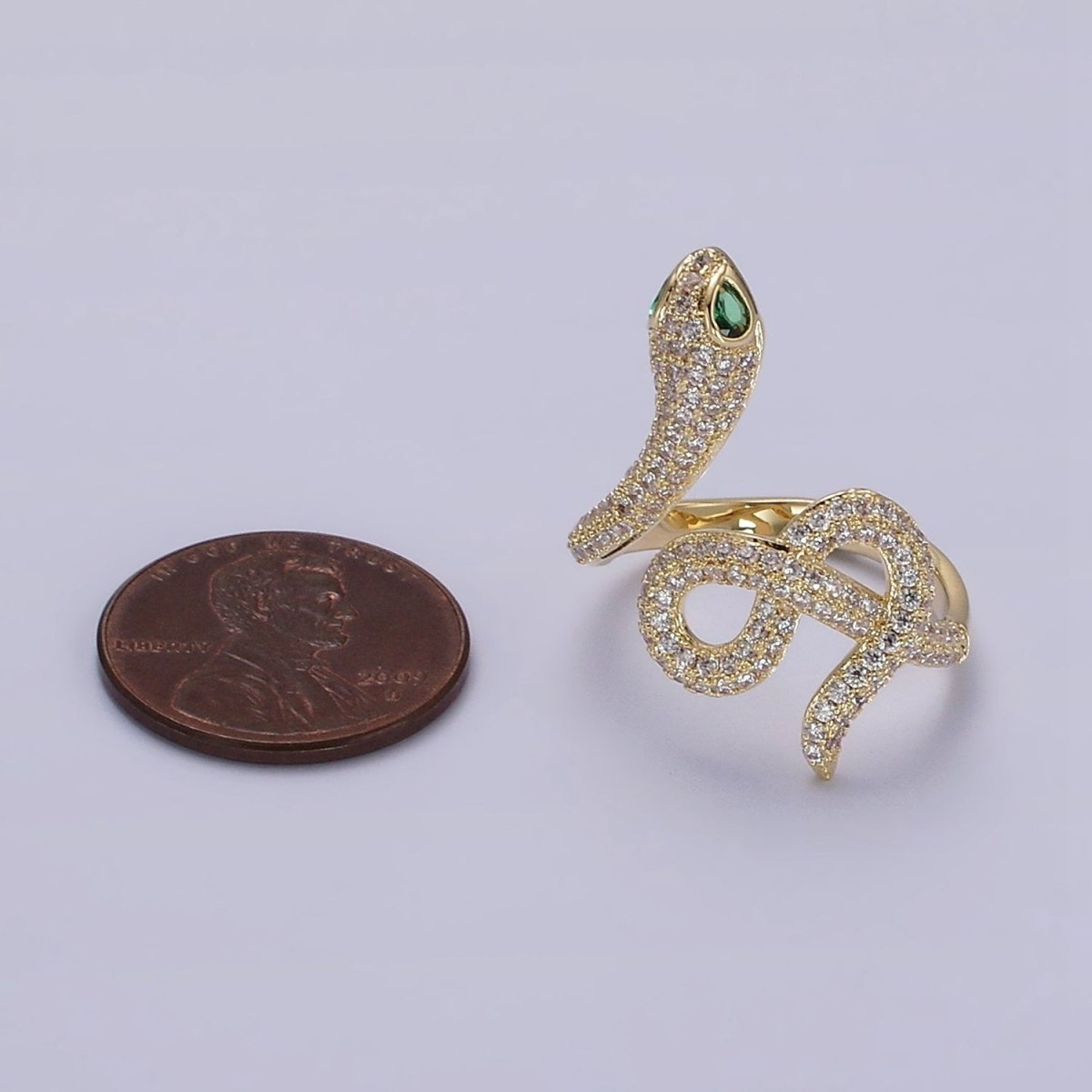 Gold Plated Green Eyed CZ Micro Paved Snake Serpent Ring | O1189 - DLUXCA