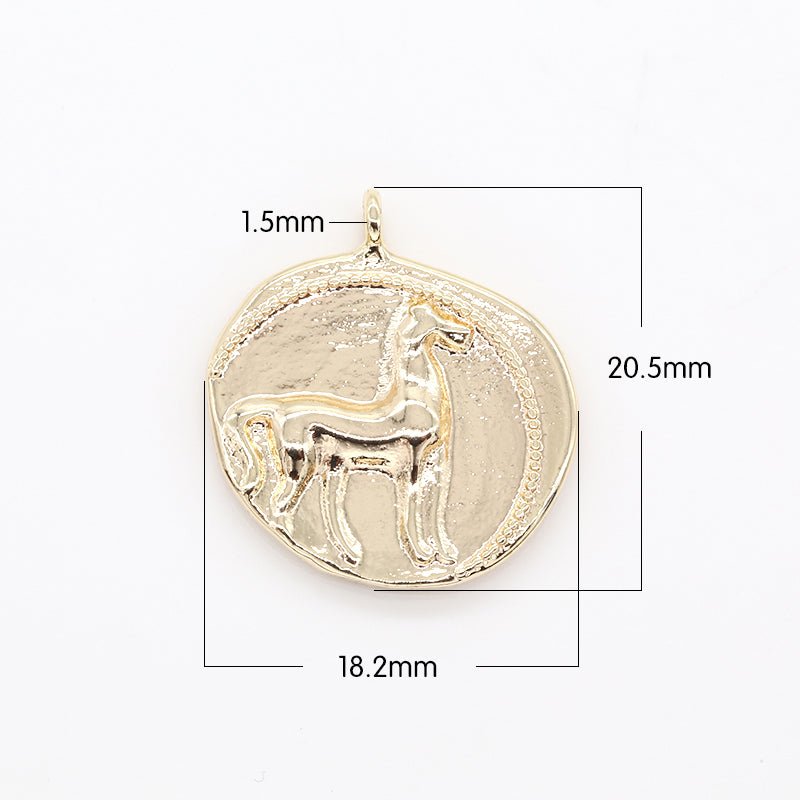 Gold Plated Horse Symbol Rustic Coin Charm Golden Ancient Animal Medallion Charm Pendant GP-445 - DLUXCA