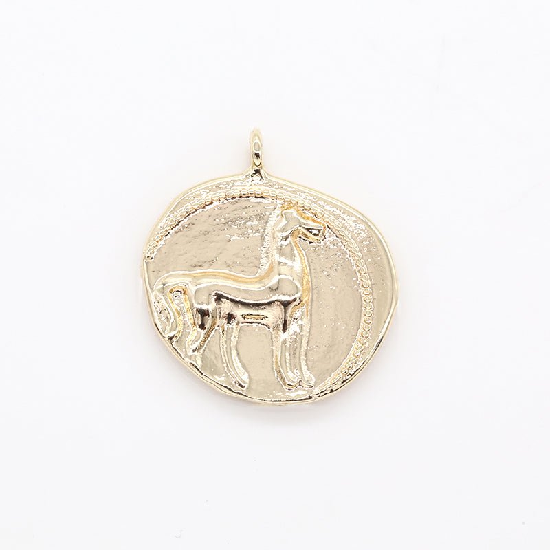 Gold Plated Horse Symbol Rustic Coin Charm Golden Ancient Animal Medallion Charm Pendant GP-445 - DLUXCA