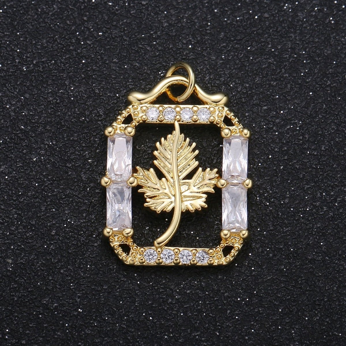 Gold Plated Pine Leaf in Crystal Square Charm CZ Dainty Floral Nature Leaves Plant Charm Pendant GP-074 - DLUXCA