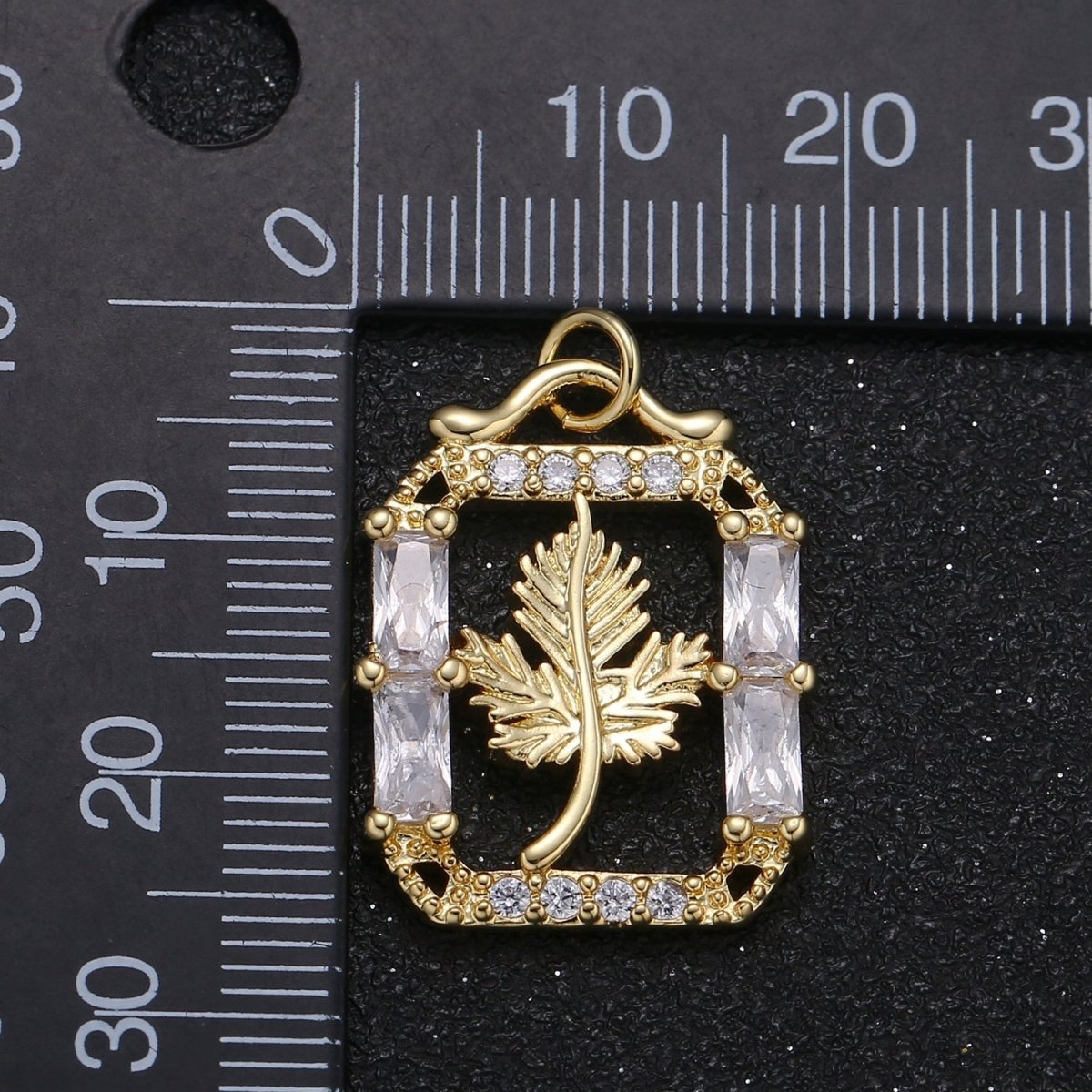 Gold Plated Pine Leaf in Crystal Square Charm CZ Dainty Floral Nature Leaves Plant Charm Pendant GP-074 - DLUXCA