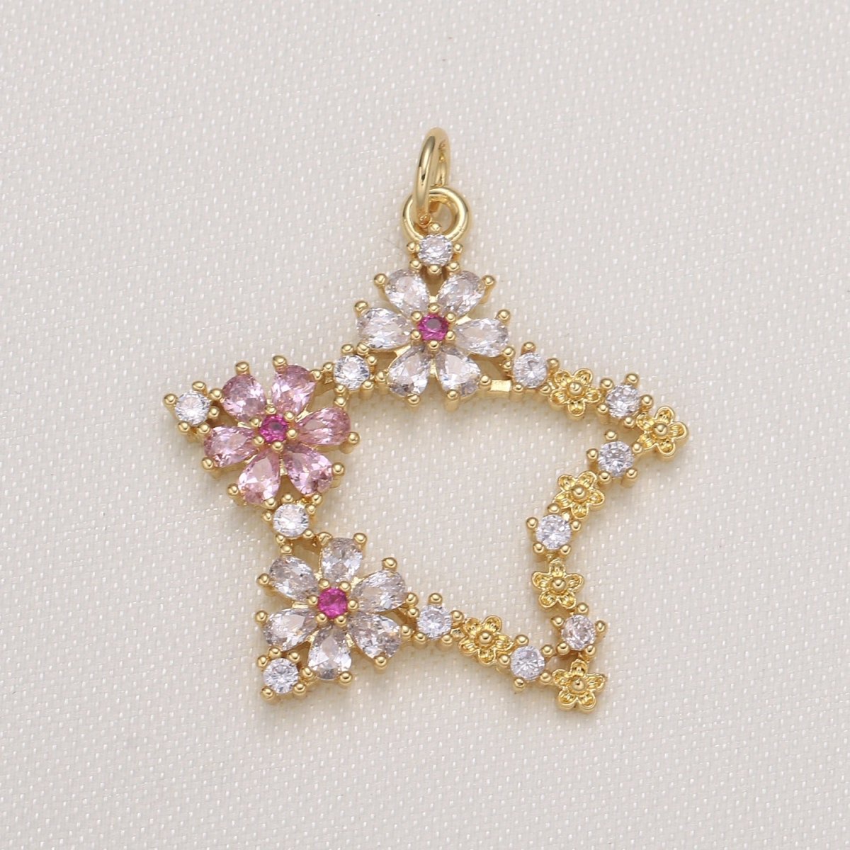 Gold Plated Star Shaped Attached Flowers Charm CZ Floral Sky Nature Object Charm Pendant GP-589 - DLUXCA